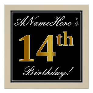 Poster Elégant, Noir, Faux Or 14ème Anniversaire + Nom
