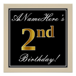 Poster Elégant, Noir, Faux Or 2ème Anniversaire + Nom
