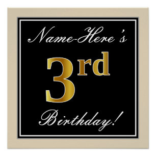Poster Elégant, Noir, Faux Or 3ème Anniversaire + Nom