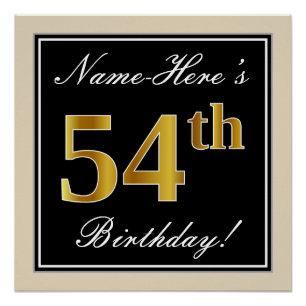 Poster Elégant, Noir, Faux Or 54ème Anniversaire + Nom