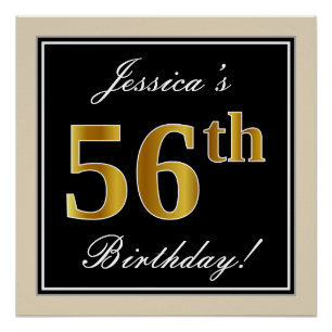 Poster Élégant, noir, faux or 56e anniversaire + nom