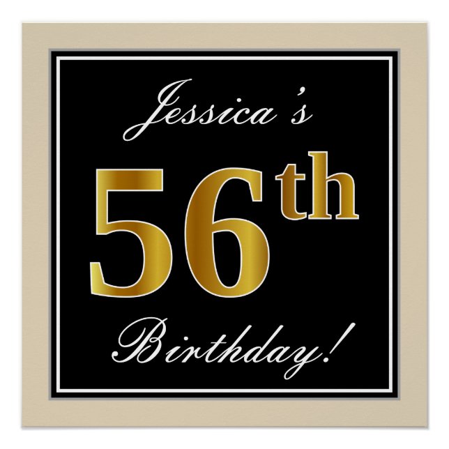 Poster Élégant, noir, faux or 56e anniversaire + nom (Devant)