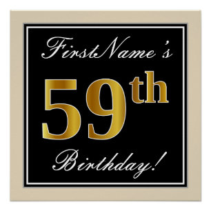 Poster Elégant, Noir, Faux Or 59ème Anniversaire + Nom