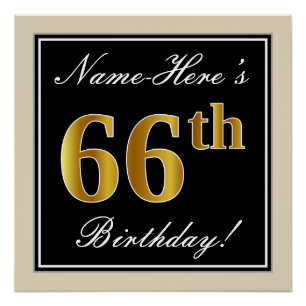 Poster Elégant, Noir, Faux Or 66ème anniversaire + Nom