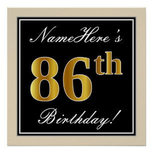 Poster Elégant, Noir, Faux Or 86ème Anniversaire + Nom