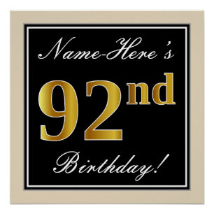 Poster Elégant, Noir, Faux Or 92ème Anniversaire + Nom