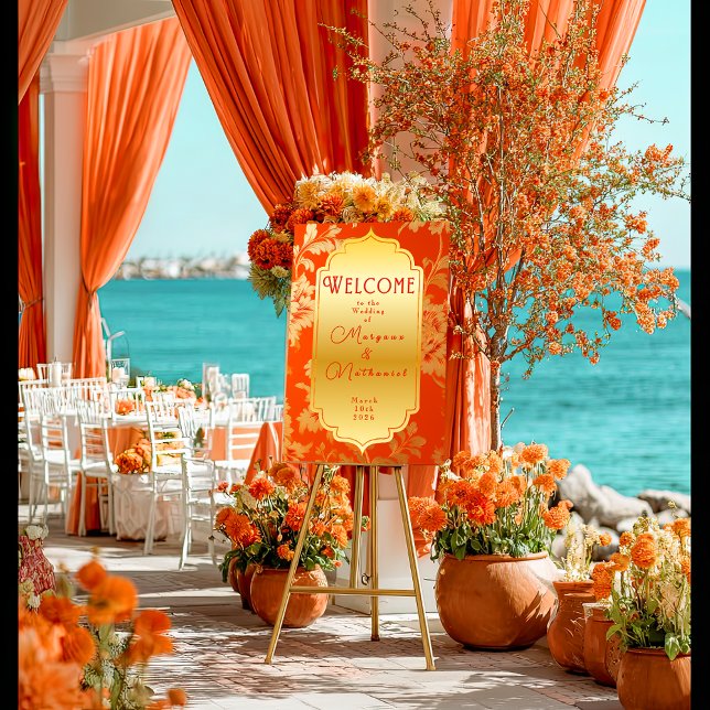 Poster Elégant Orange et or Mandarin Mariage Bienvenue (Elegant Floral Orange and Gold Glossy Wedding Welcome Poster )