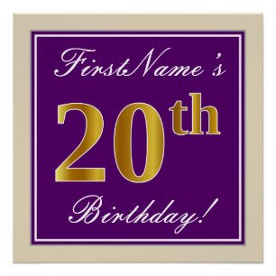 Poster Elégant, pourpre, Faux Gold 20e anniversaire + Nom