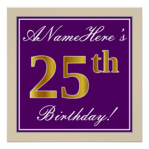 Poster Elégant, pourpre, Faux Gold 25e anniversaire + Nom