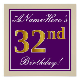 Poster Elégant, pourpre, Faux Gold 32e anniversaire + Nom