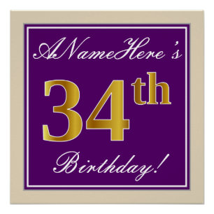 Poster Elégant, pourpre, Faux Gold 34e anniversaire + Nom