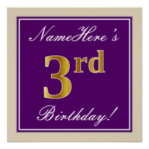 Poster Elégant, pourpre, Faux Gold 3e anniversaire + nom