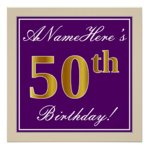 Poster Elégant, pourpre, Faux Gold 50e anniversaire + Nom