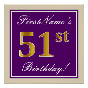 Poster Elégant, pourpre, Faux Gold 51e anniversaire + Nom