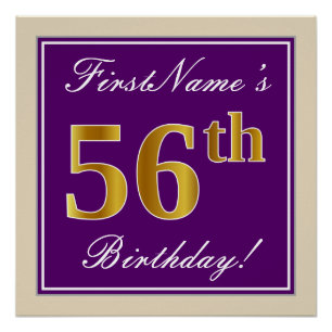 Poster Elégant, pourpre, Faux Gold 56e anniversaire + Nom