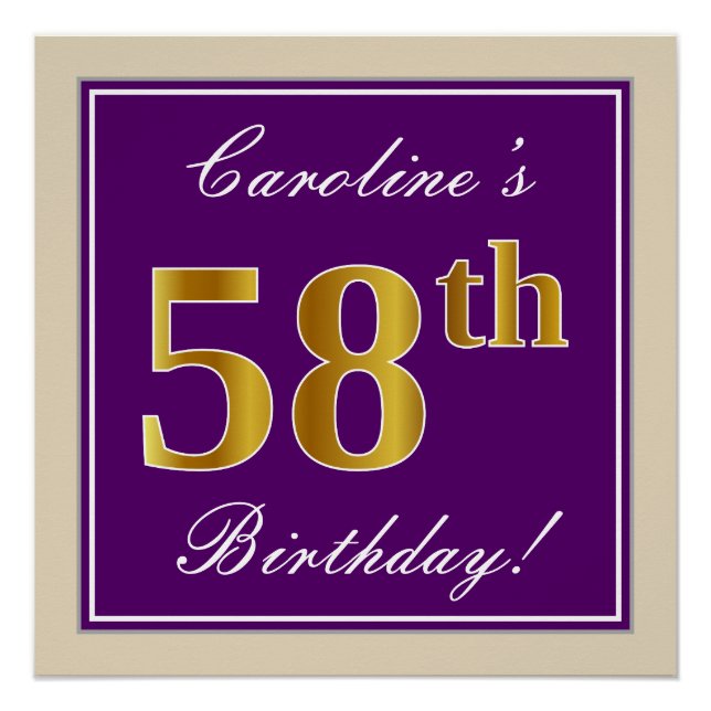 Poster Elégant, pourpre, Faux Gold 58e anniversaire + Nom (Devant)