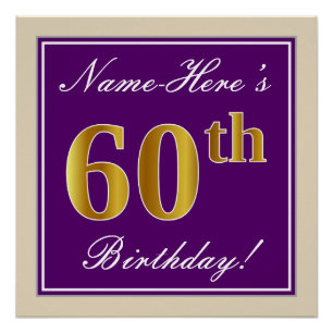 Poster Elégant, pourpre, Faux Gold 60e anniversaire + Nom