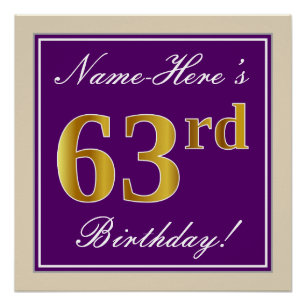 Poster Elégant, pourpre, Faux Gold 63ème anniversaire + N