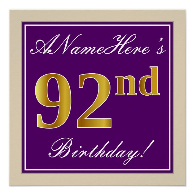 Poster Elégant, pourpre, Faux Gold 92e anniversaire + Nom (Devant)