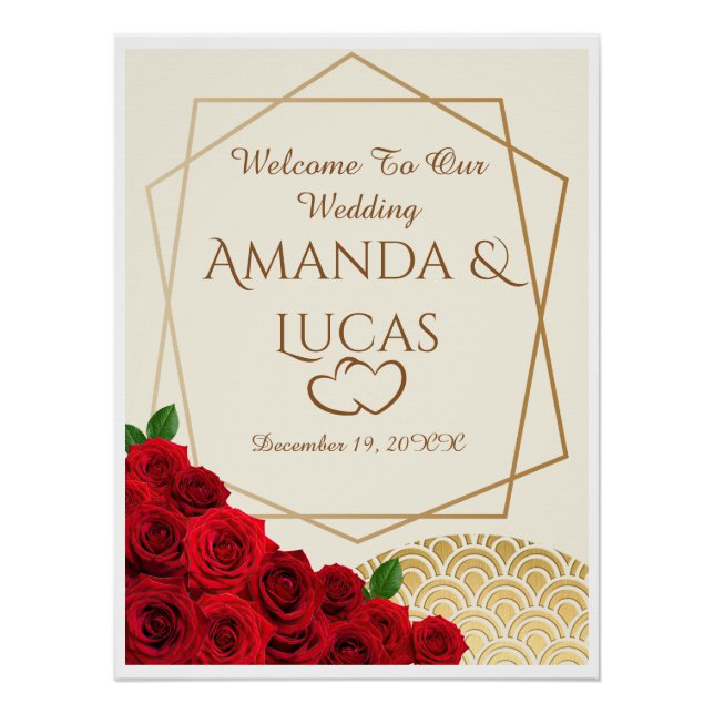 Poster Elegant Red Roses and Gold Frame Cream Wedding (Devant)