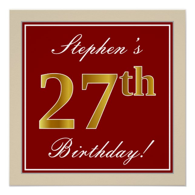Poster Élégant, Rouge, Doré Faux Anniversaire 27 ans ; No (Devant)