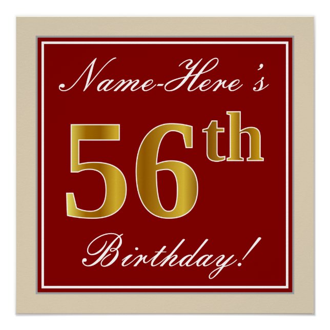 Poster Élégant, Rouge, Doré Faux Anniversaire 56 ans; Nom (Devant)
