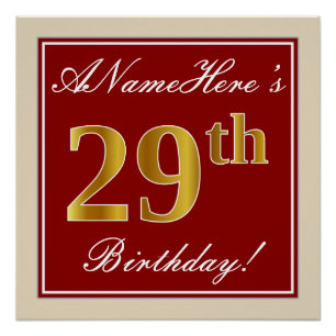 Poster Elégant, Rouge, Faux Gold 29e anniversaire; Nom pe