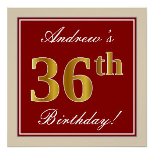 Poster Elégant, Rouge, Faux Gold 36e anniversaire; Nom pe