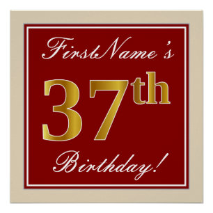 Poster Elégant, Rouge, Faux Gold 37e anniversaire; Nom pe