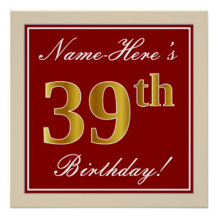 Poster Elégant, Rouge, Faux Gold 39e anniversaire; Nom pe