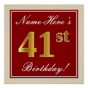 Poster Elégant, Rouge, Faux Gold 41e anniversaire; Nom pe