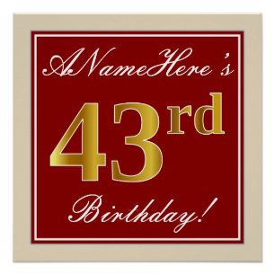 Poster Elégant, Rouge, Faux Gold 43ème anniversaire; Nom 