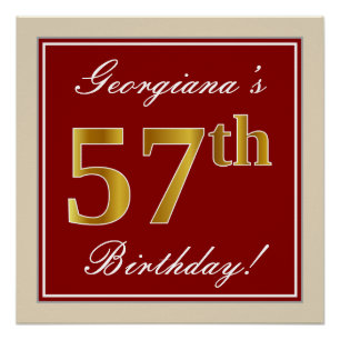 Poster Elégant, Rouge, Faux Gold 57e anniversaire; Nom pe