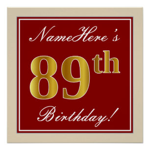 Poster Elégant, Rouge, Faux Gold 89e anniversaire; Nom pe