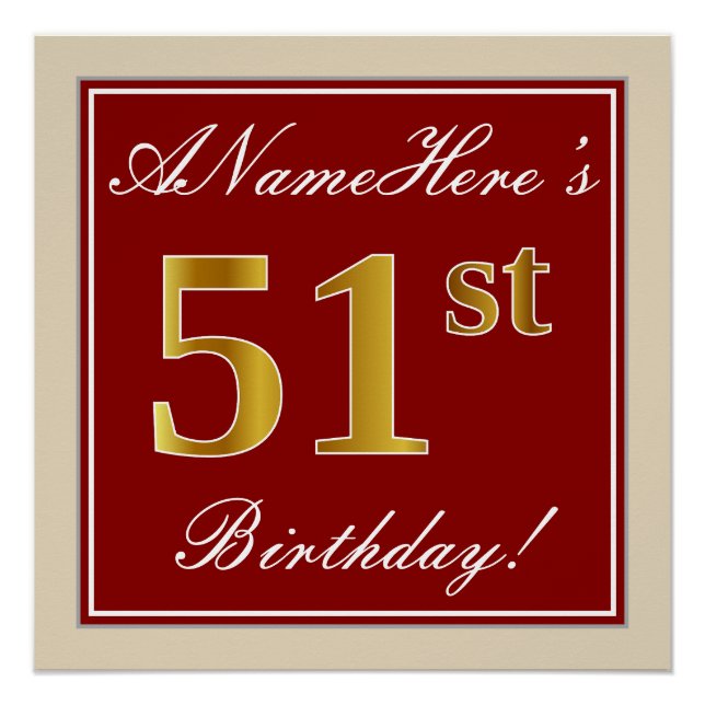 Poster Élégant, Rouge, Or Faux 51e Anniversaire ; Nom Per (Devant)
