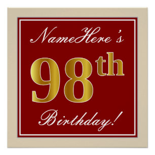 Poster Elégant, Rouge, Or Faux 98e Anniversaire ; Nom per