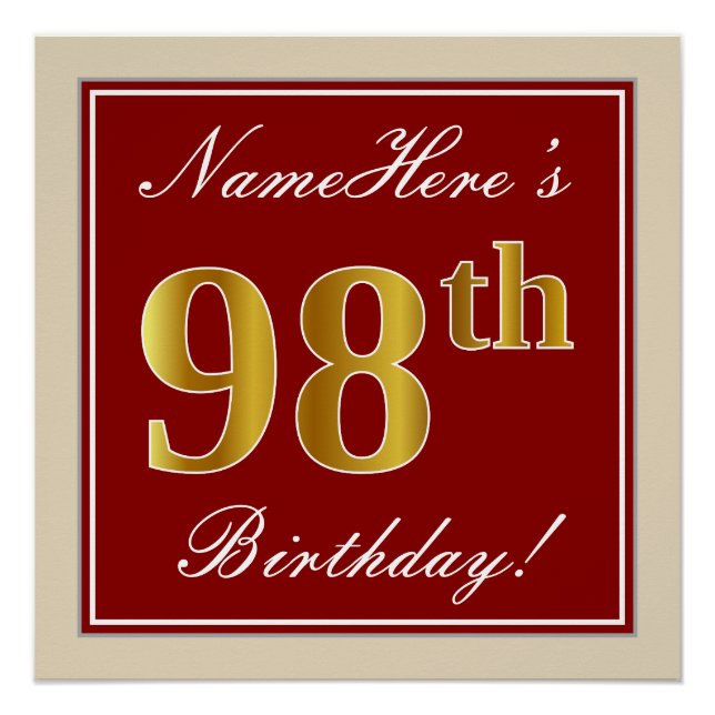 Poster Elégant, Rouge, Or Faux 98e Anniversaire ; Nom per (Devant)
