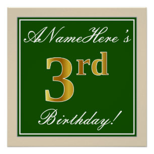 Poster Elégant, Vert, Faux Gold 3ème anniversaire + Nom