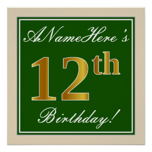 Poster Elégant, Vert, Faux Or 12ème Anniversaire + Nom