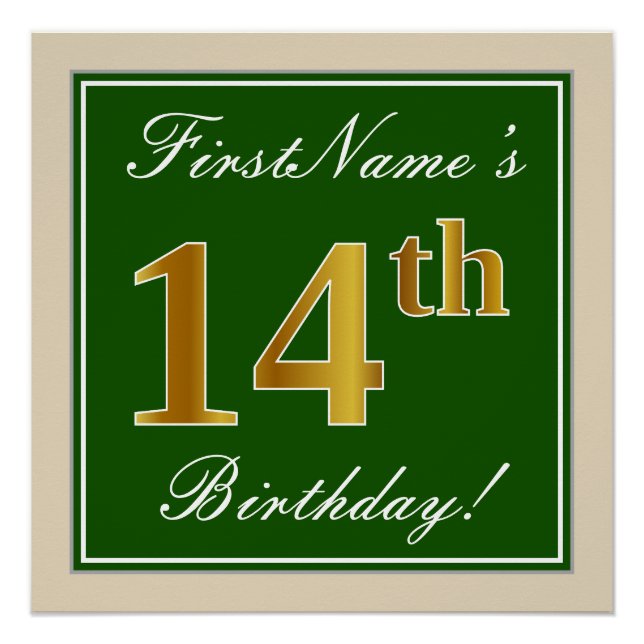 Poster Elégant, Vert, Faux Or 14ème Anniversaire + Nom (Devant)