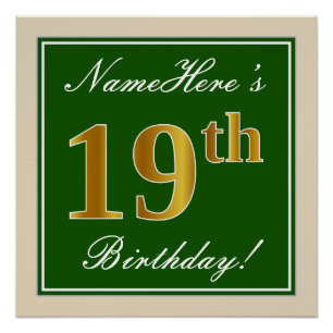 Poster Elégant, Vert, Faux Or 19ème Anniversaire + Nom