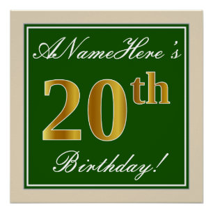 Poster Elégant, Vert, Faux Or 20ème Anniversaire + Nom