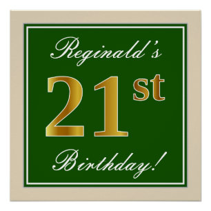 Poster Elégant, Vert, Faux Or 21ème Anniversaire + Nom