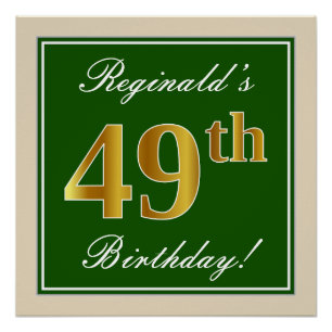 Poster Elégant, Vert, Faux Or 49ème Anniversaire + Nom
