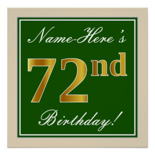 Poster Elégant, Vert, Faux Or 72ème Anniversaire + Nom