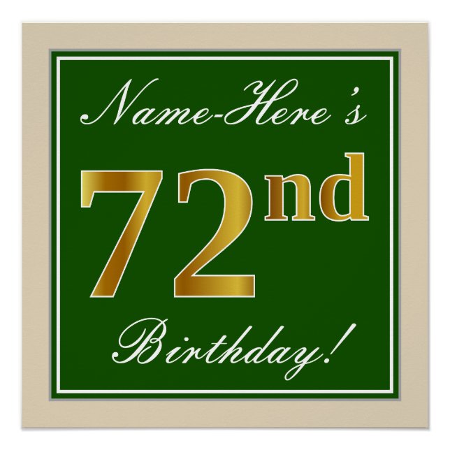 Poster Elégant, Vert, Faux Or 72ème Anniversaire + Nom (Devant)