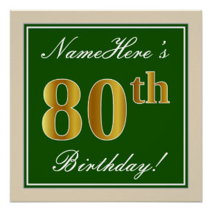 Poster Elégant, Vert, Faux Or 80ème Anniversaire + Nom