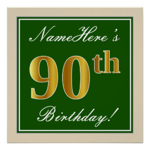 Poster Elégant, Vert, Faux Or 90ème Anniversaire + Nom