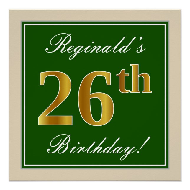 Poster Élégant, Vert, Or Faux 26e Anniversaire + Nom (Devant)