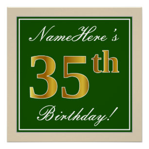 Poster Elégant, Vert, Or Faux 35e Anniversaire + Nom